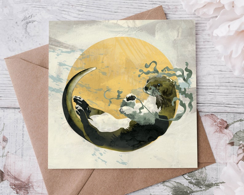 Moon Otter Greeting Card cute animals wild swimming sea lover image 1