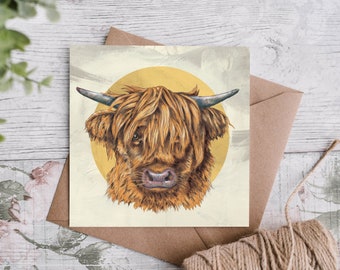 Yellow Highland Cow Greeting Card - Scottish hairy coo - cute animals - funny cow