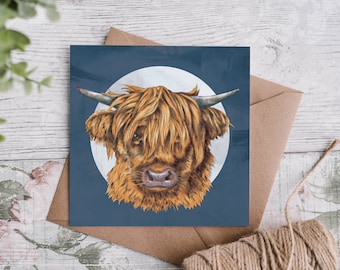 Blue Highland Cow Greeting Card - Scottish hairy coo - cute animals - funny cow