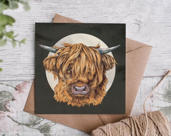 Black Highland Cow Greeting Card - Scottish hairy coo - cute animals - funny cow