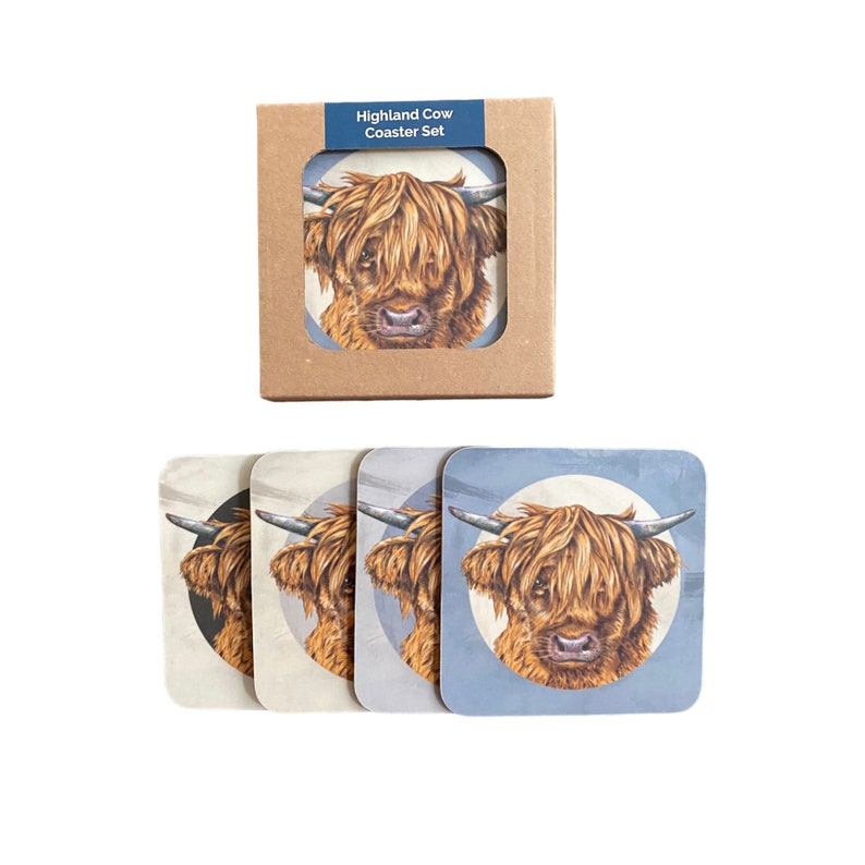 Highland Cows Boxed Coaster Set Four Cork Backed Coasters Scottish Animals Hairy Coos Scotland Gift image 1