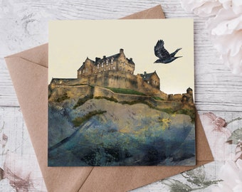 Biglietto d'auguri Crow Castle - amante degli uccelli - Castello di Edimburgo - biglietto bianco