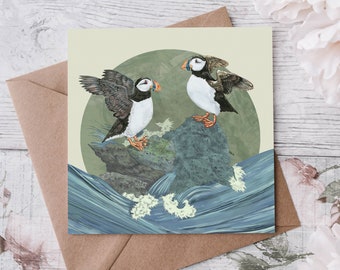 Two Puffins Greeting Card - Cute Puffins on Rock - Scottish Seabird - blank card