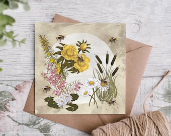 Scottish Wildflowers and Bees Greeting Card - bumblebees - florist - gardener card