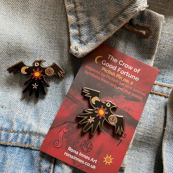 Crow Enamel Pictish Pin Badge - 38mm - talisman - raven - fantasy - good luck - goth - cosmic - bird lover - lucky charm