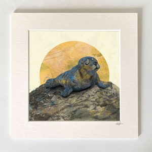 Seal Mounted Giclée Print 20x20 cm Ochre moon folklore magical peaceful Common Seal Pup Scottish image 2