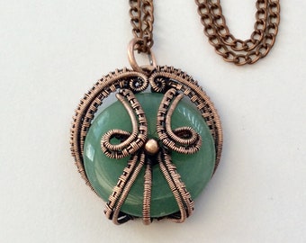 Pendentif en cuivre et aventurine verte, pendentif en cuivre antique, pendentif fait à la main, fil de cuivre, vendeur au Royaume-Uni