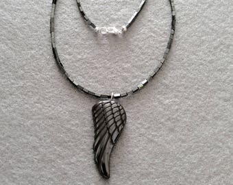 Haematite angel wing necklace, haematite necklace, Gothic jewellery, angel wing necklace, gothic necklace, angel wing pendant, UK seller