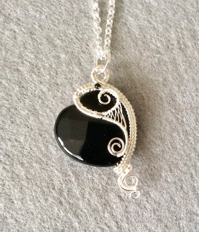 handmade pendant UK seller wirework pendant black and silver pendant Asymmetric black agate heart pendant