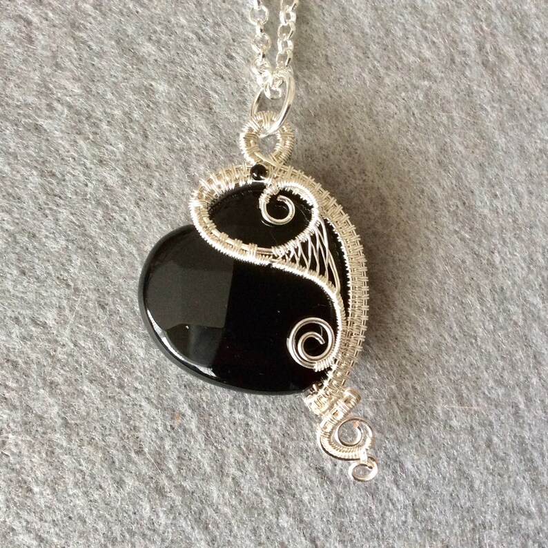 handmade pendant UK seller wirework pendant black and silver pendant Asymmetric black agate heart pendant