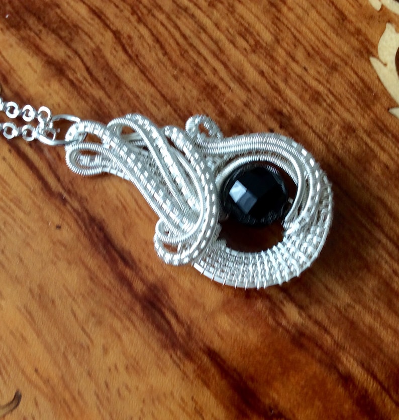 wirework pendant UK seller handmade pendant Swirly silver and faceted black quartz pendant