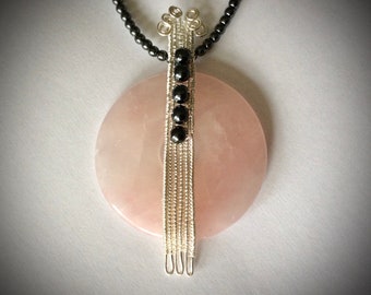 Rose quartz and haematite pendant, wirework pendant , handmade pendant, UK seller