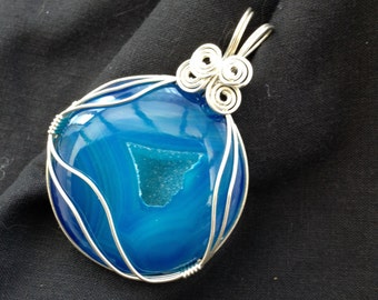 Handmade sterling silver pendant, blue window druzy quartz pendant, gemstone wirewrapped pendant, UK seller