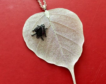 Silver plated bodhi leaf pendant with ladybug, skeletonized real leaf, silver dipped skeleton leaf, UK seller