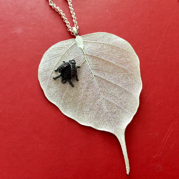 Silver plated bodhi leaf pendant with ladybug, skeletonized real leaf, silver dipped skeleton leaf, UK seller