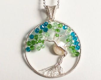 Tree of Life pendant, blue and green tree of life, crystal pendant, handmade pendant, wirework jewellery, UK seller