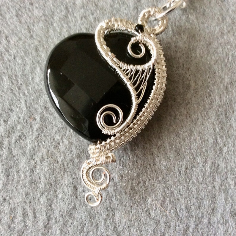 handmade pendant UK seller wirework pendant black and silver pendant Asymmetric black agate heart pendant
