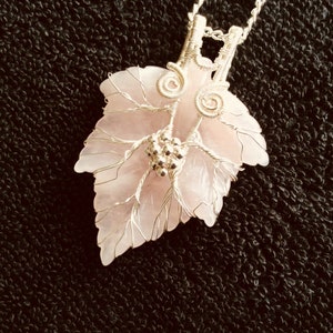 Rose quartz carved leaf pendant