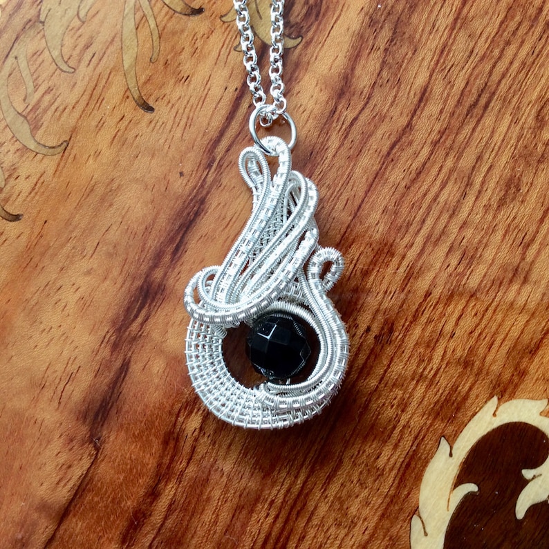 wirework pendant UK seller handmade pendant Swirly silver and faceted black quartz pendant