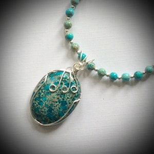 Turquoise sea jasper pendant and necklace, handmade wirework, wirewrapped pendant and necklace, UK seller