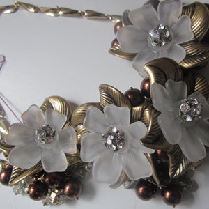 Vintage Coldwater Creek Chocolate Bead & Multi Flower Statement Necklace with Rhinestones