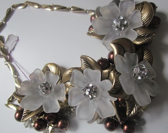 Vintage Coldwater Creek Chocolate Bead & Multi Flower Statement Necklace with Rhinestones