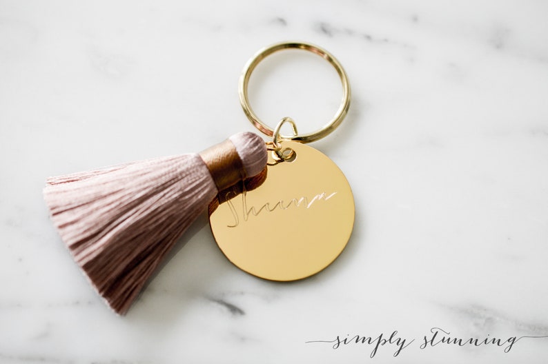 Keychains for women with silk tassel. Engraved gold keychain. Etsy