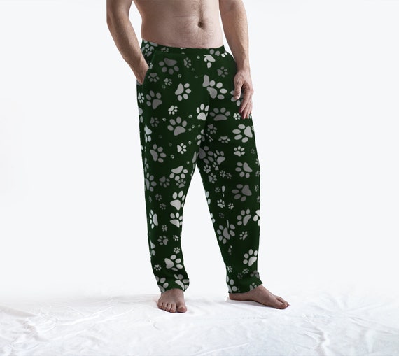 Paw Print Lounge Pants Mens, Dog Paw Pyjama Bottoms For Men, Dog Print Sleep Pants, Lightweight, Casual, Relaxed Fit, Green Dog Paw Print