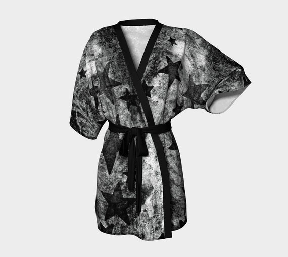 Black Stars Kimono Robe, Black Grey Womens Robe, Japanese Robe, Short Silky, Sheer Chiffon, Premium Quality, Artist Designed