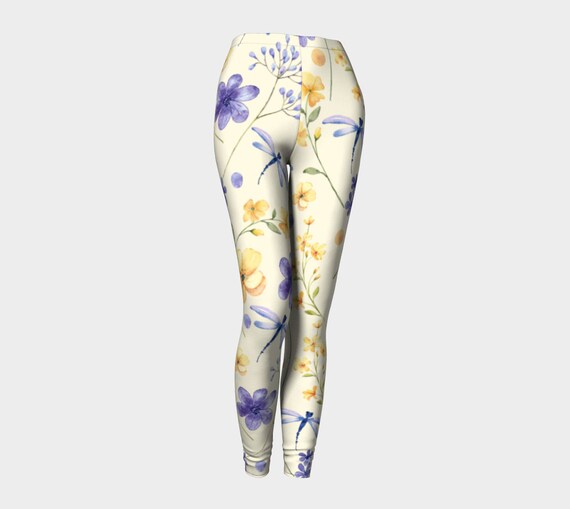 Floral Leggings, Nature Tights Activewear, Four-Way Stretch Yellow Leggings, Yoga Bottoms, High-Waisted Yoga Pants, Wildflowers Dragonfly