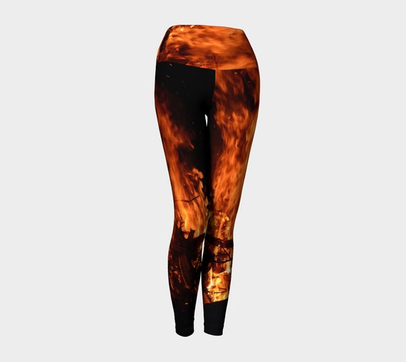 Womens Flame Leggings, Yoga Pants, Fire Print Tights, Full Length, High Waistband, Super Stretchy Fabric, Quick Dry, Hand Sewn, Flame Print
