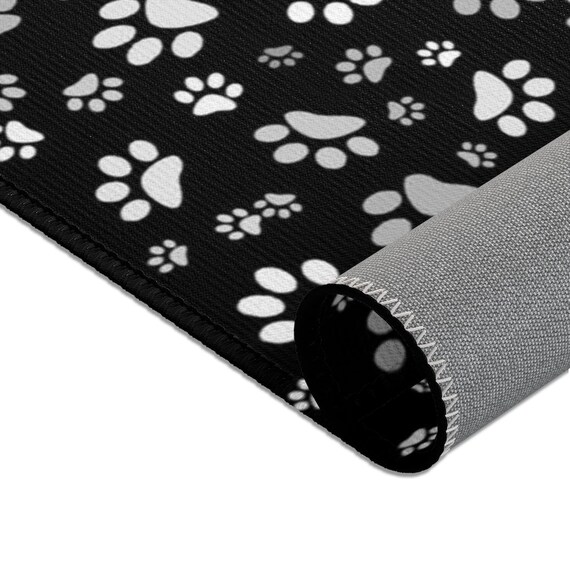 Area Rugs, Dog Paws, Black White, Durable, Polyester Chenille, Multiple sizes, Hemmed edges, Grey underside, Paw Print Area Rug