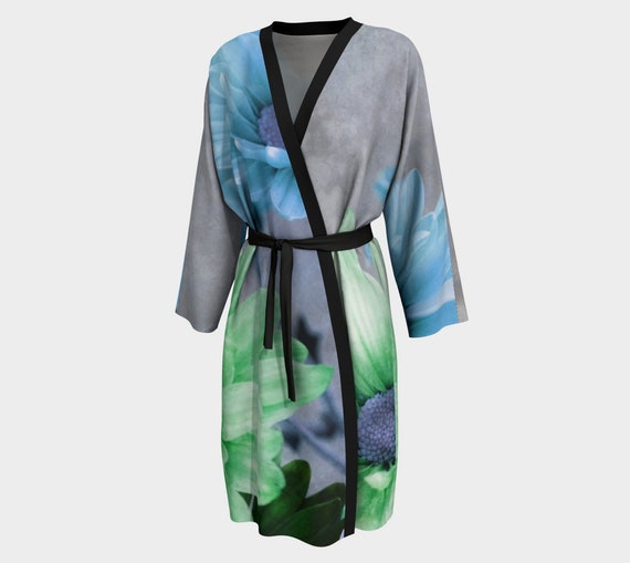 Peignoir Robe Floral Bathrobe, Elegant Flowers Robe Long Kimono - Dawn Mercer Designer Wear
