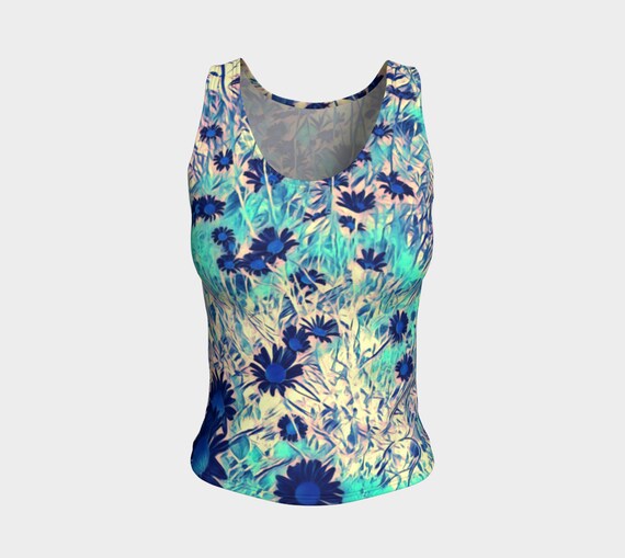 Floral Tank Top Sky Blue Floral Tank Top Womens Fitted Tank Top with Vibrant Daisy Flowers Artwork - Dawn Mercer Designer Wear
