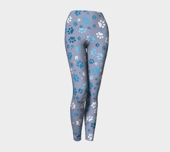 Leggings Tights Yoga Pants, Paw Print Leggings Printed Blue Dog Paw Pattern - Dawn Mercer Designer Wear