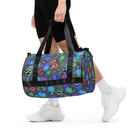Duffle Bag Designer Large Yoga Bag, Paw Print Yoga Bag, Small Duffle, Dog Paws Art, Colorful
