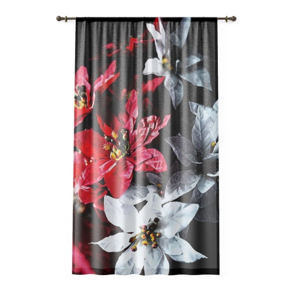Christmas Curtain, Window Curtain, Sheer Polyester, Size 50x84, With Rod Pocket, Christmas Floral, Unique, Decorative, Artisan, Stylish