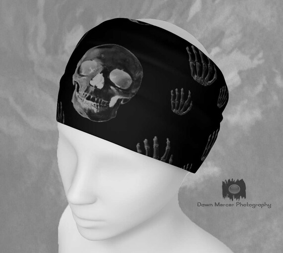 Items similar to Skull Headband Printed Fabric Bandana Skull Print Hairband Black Skull Scarf