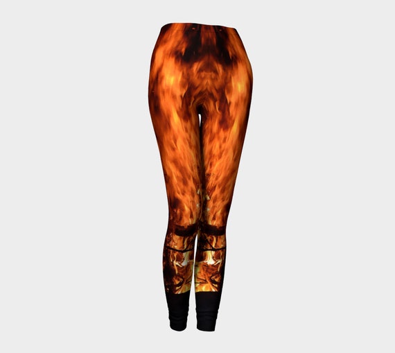 Womens Classic Leggings Elastic Waistband Flaming Fire Design Orange And Black