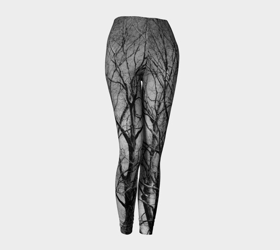 Leggings Tights Tree Tights Black Grey Leggings with Artistry Of Tree Branches Design by Dawn Mercer Designer Wear