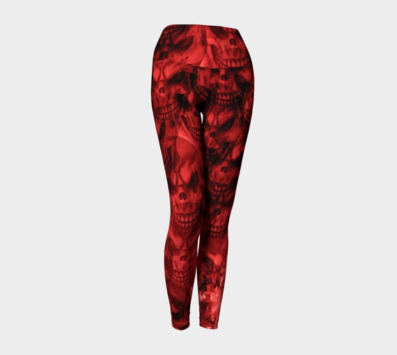 Red Skull Leggings, Yoga Tights, Workout Pants, Red Leggings With Skull Flame Print, Full Length, High Waist, Hand Sewn, Red Flame Skull