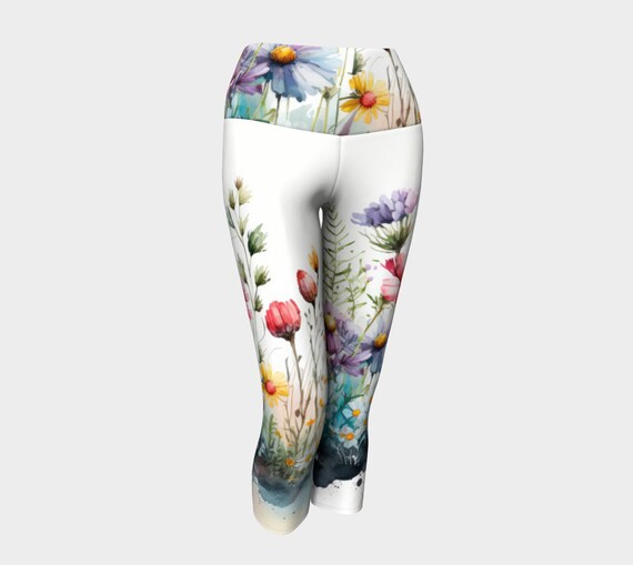 Blossoms Yoga Capris Floral Cropped Leggings, Designer Tights, Wearable Art Leggings, Capri Leggings - Dawn Mercer Designer Wear