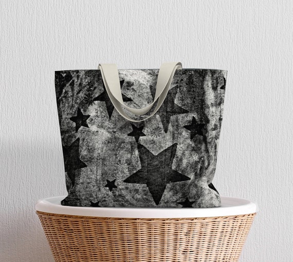 Black Stars Tote Bag, Everyday Tote Bag, Large Oversized Canvas Tote Bag With Pockets, Premium Quality, Artist Designed