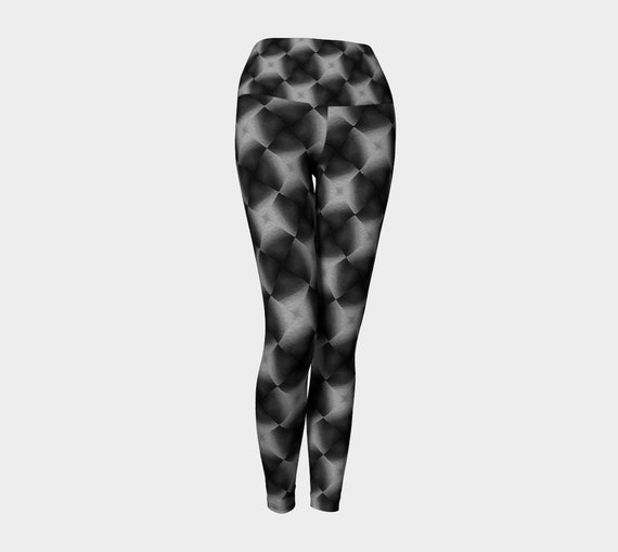 Leggings Tights Black Grey Pattern Yoga Pants, Fold-over Performance Leggings with Black Grey Pattern - Dawn Mercer Designer Wear