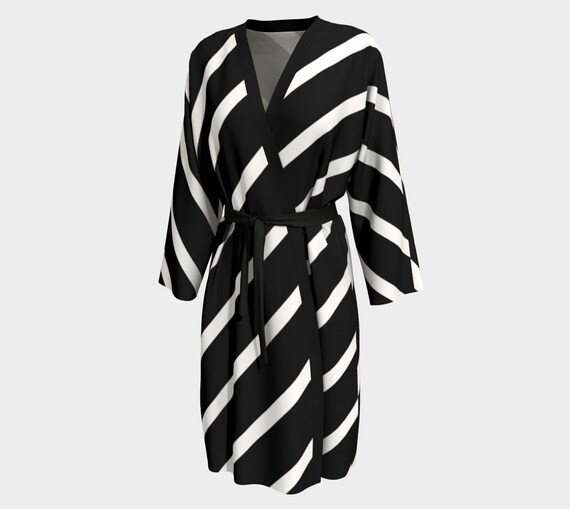 Peignoir Robe Striped Robe Long Black White Peignoir Robe - Dawn Mercer Designer Wear