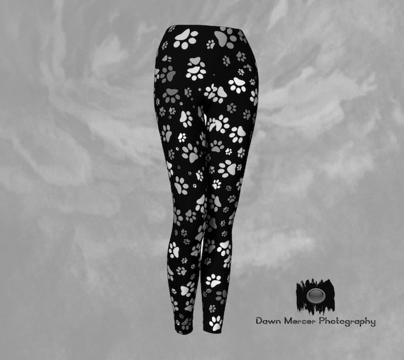 Leggings Tights Black Yoga Pants, Paw Print Leggings White Dog Paws Print - Dawn Mercer Designer Wear