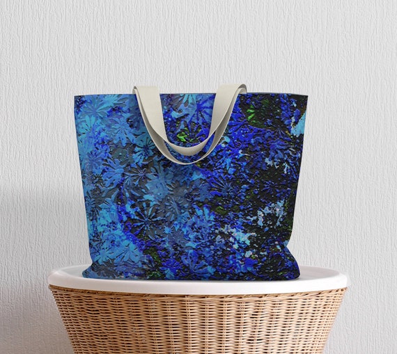Blue Daisy Abstract Tote Bag, Floral Laptop Tote Bag, Oversized Canvas Tote Bag With Pockets, Premium Quality, Artist Designed