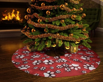 Red Dog Paw Tree Skirt, Round Tree Skirt, Paw Print Christmas Tree Skirt
