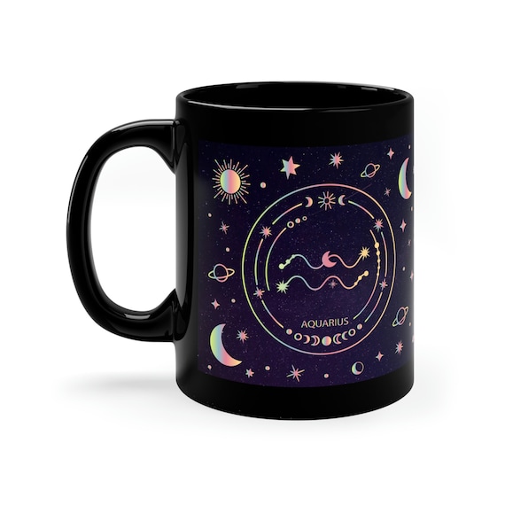 Aquarius Mug Zodiac Astrology Mug 11oz Black Mug Gift for Friend - Dawn Mercer Designer Wear
