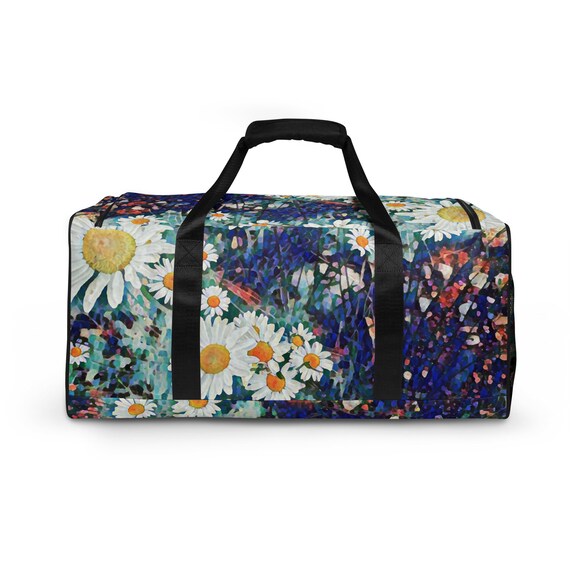 Duffle Bag Designer Daisies Duffle Bag, Floral Print Duffel, Oversized, Natural Daisy Flowers